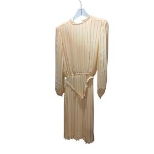 Vintage Anthony Sicari Pleated Dress Cream Midi Long Sleeve Made in USA Women